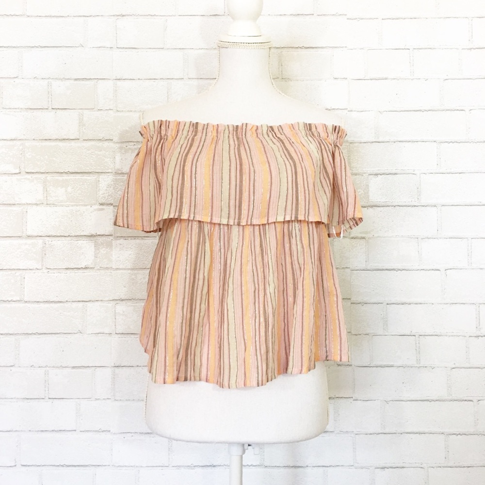 Brand New Lucky Brand Summer Peach Pink Off Shoulder Stripes Shine Top - Picture 3 of 7